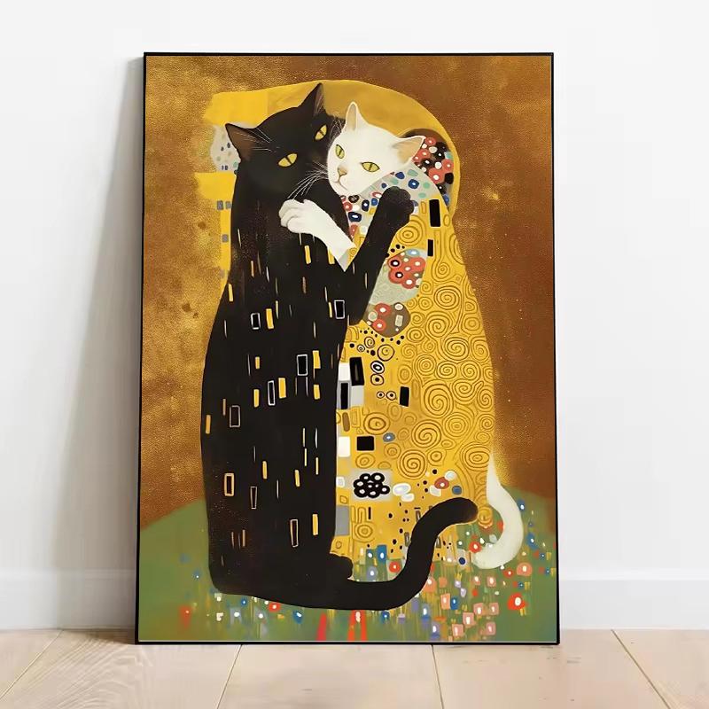 Vintage Creative Parody Style Print Wall Art Pictures Painting Living Room Home Decoration Cat Kitty Klimt Kiss Canvas Poster