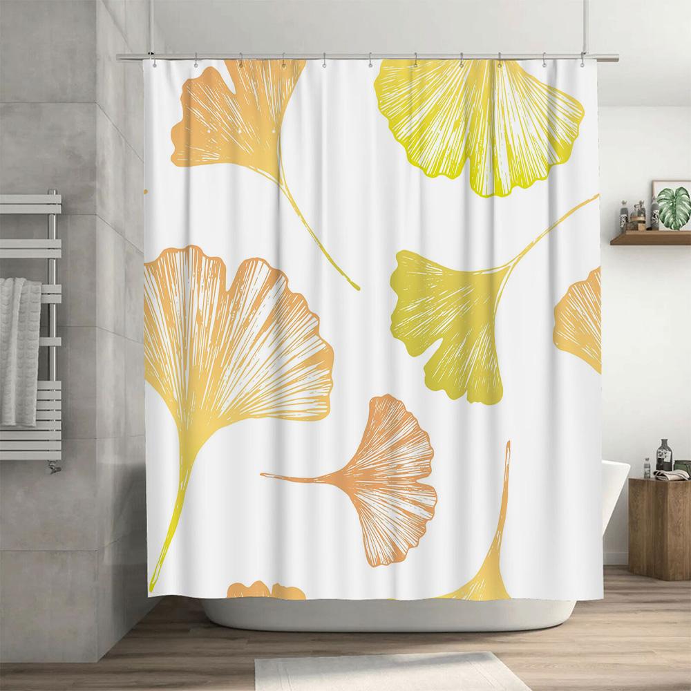 Modern Bathroom DecorBeautiful Leaf Print Shower Curtain Set in Yellow Orange Perfect for Your Home Bath