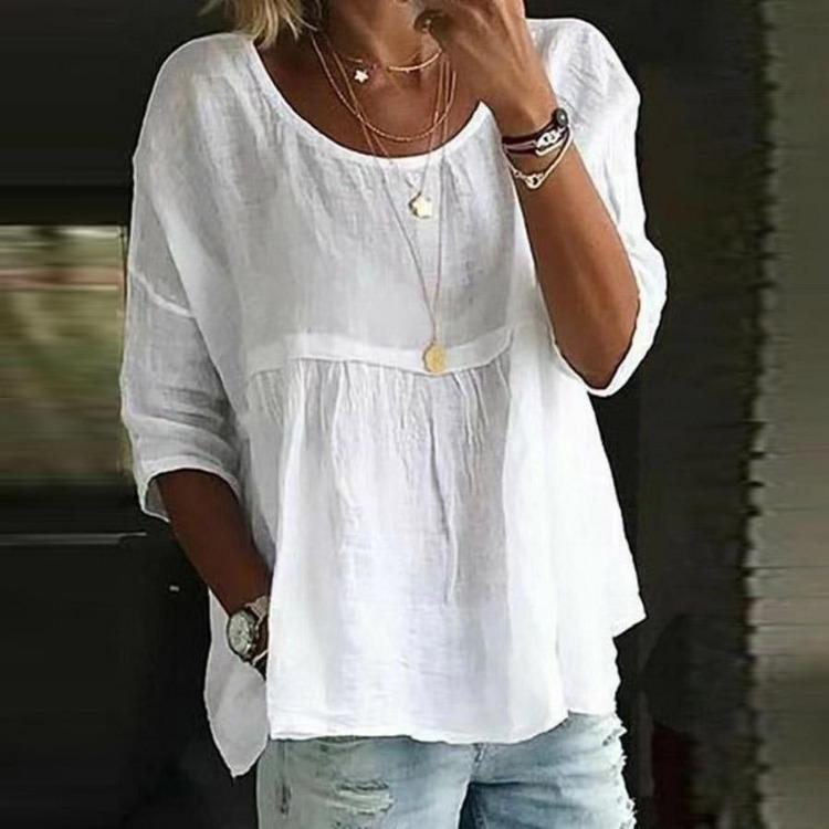 Sweet Casual Women Blouse Loose Round Collar Cotton Linen Tops Fashion White Lady Spring Summer Blouses