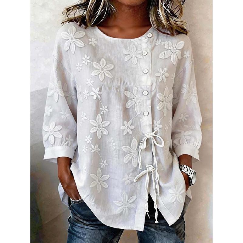 2026 New Style Loose Embroidered Shirt for Women, Tie-Waist, Three-Quarter Sleeve, Cotton-Linen Top, Spring Casual Women's Clothing