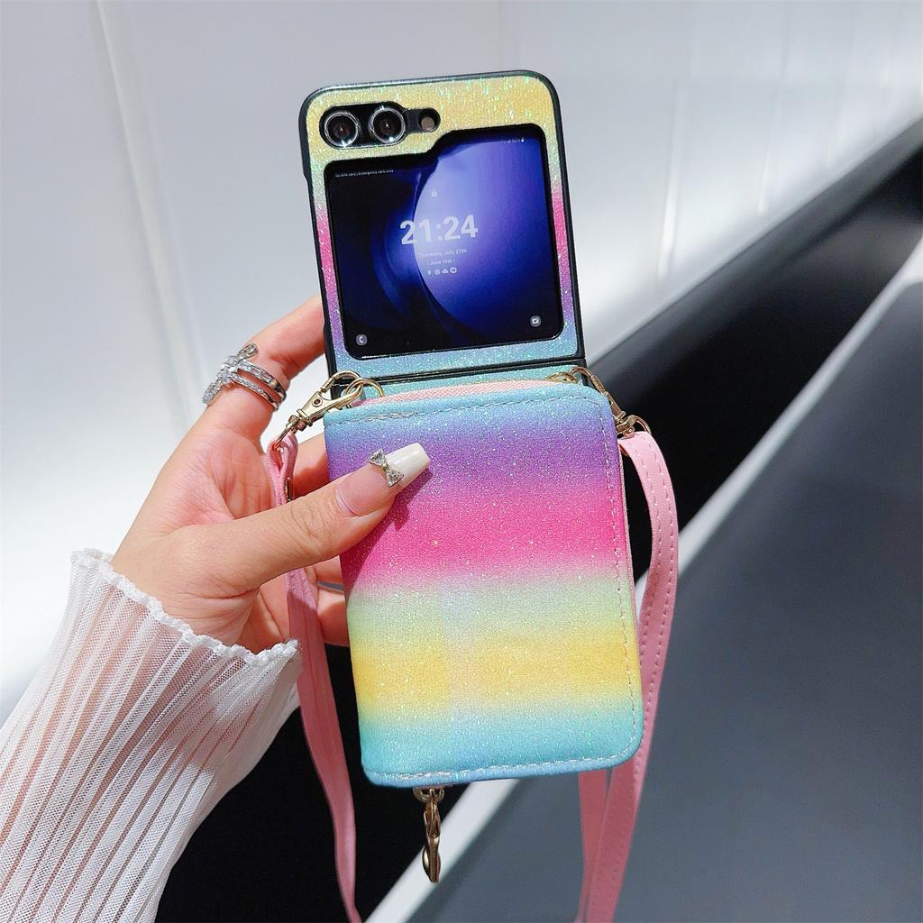 For Samsung Galaxy Z Flip5 5G Phone Case Card Bag PU Leather+PC Cover with Crossbody Strap