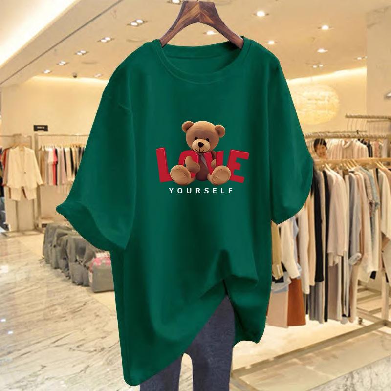 Women's Summer Bear Print Cotton T-Shirt - Korean Style, Loose Fit, Short Sleeve