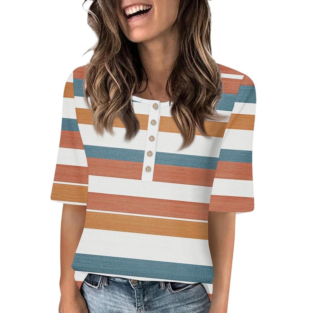 Shirts For Women Trendy Round Neck Button T Shirts Printed  Blouse Half Sleeve Tops For Women