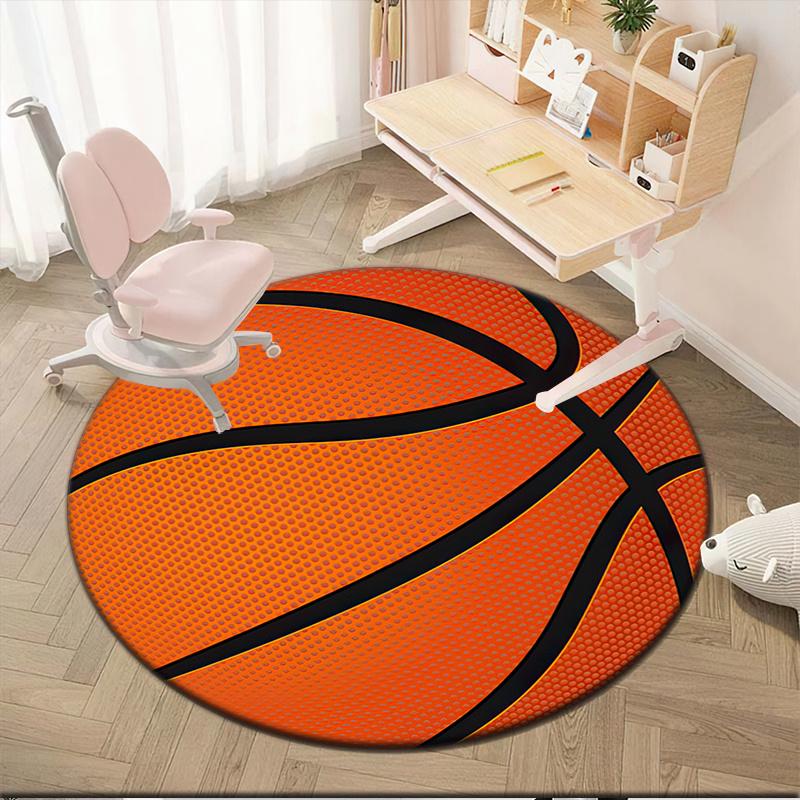 Basketball Texture Round Rug Flannel Orange Black Lines Sports Enthusiast Theme Boys Room Gym Exercise Area Floor Covering