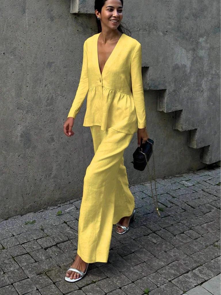 2025 Women's V-Neck Summer Two-Piece Set: All-Cotton Short-Sleeved Top & Wide-Leg Pants
