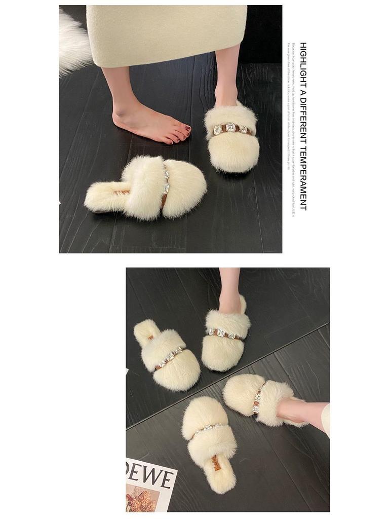 Mules mit Strass und Kaninchenfell mit geschlossener Zehe für Damen, Trendiger Outdoor-Stil 2025