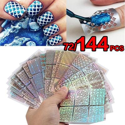 72/144Pcs Vinyls Hollow Stickers Manicure Curved Wave Laser Tip Nail Art Stamping Template Nails Tool
