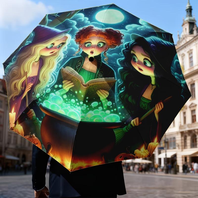 Witch Sisters In The Moonlight Automatic Folding Umbrella - 8-Rib Travel Umbrella with Auto Open/Close & Portable Gifts for holidays or birthdays