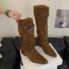 Women Fashion Boots Pointed Toe Square Heel Belt Buckle Long Boots Retro Autumn Fashion Suede Leather Botas Mujer High Quality