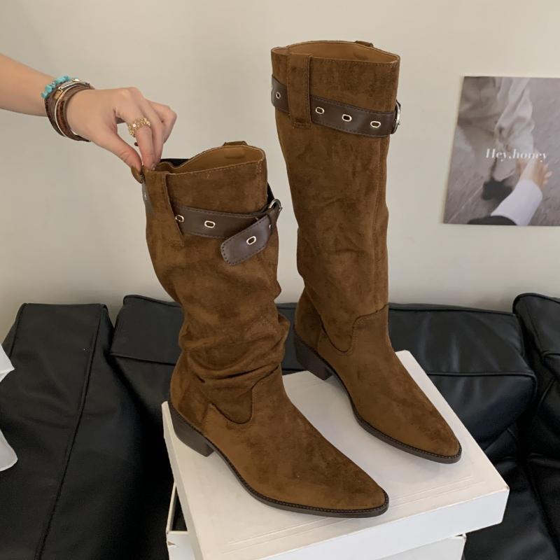 Women Fashion Boots Pointed Toe Square Heel Belt Buckle Long Boots Retro Autumn Fashion Suede Leather Botas Mujer High Quality