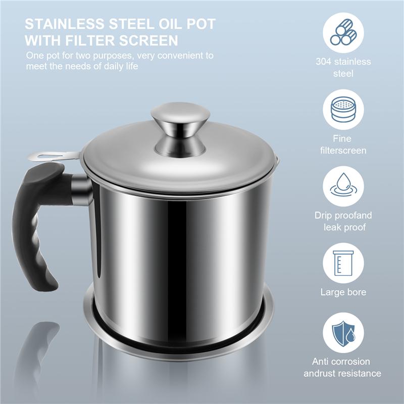 ABBP-Bacon Grease Container With Strainer 48 Oz Stainless Steel Oil Container Oil Can With Lid Easy Grip Handle Oil Can