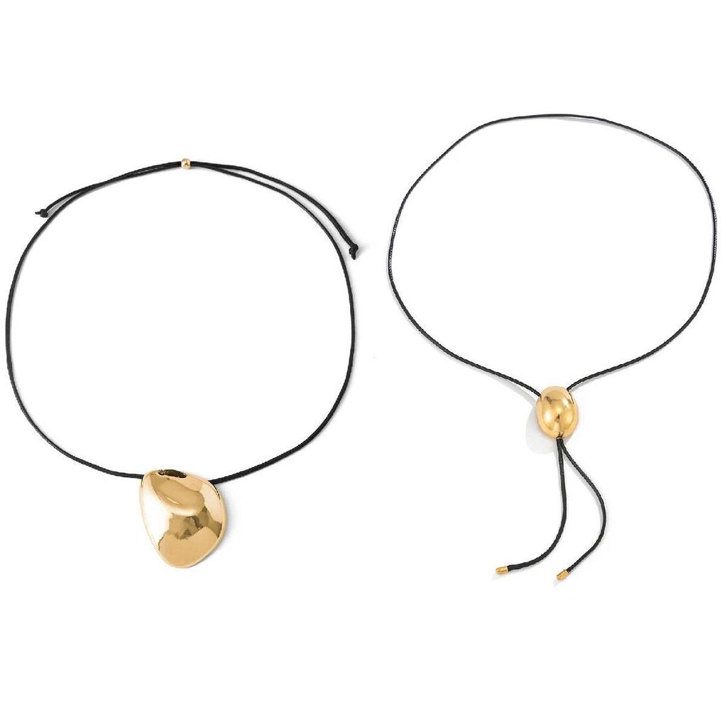 SHIXIN Vintage Black Leather Rope Long Necklace Women Simple Geometric Oval Adjustable Choker Necklace Party Jewelry Accessories