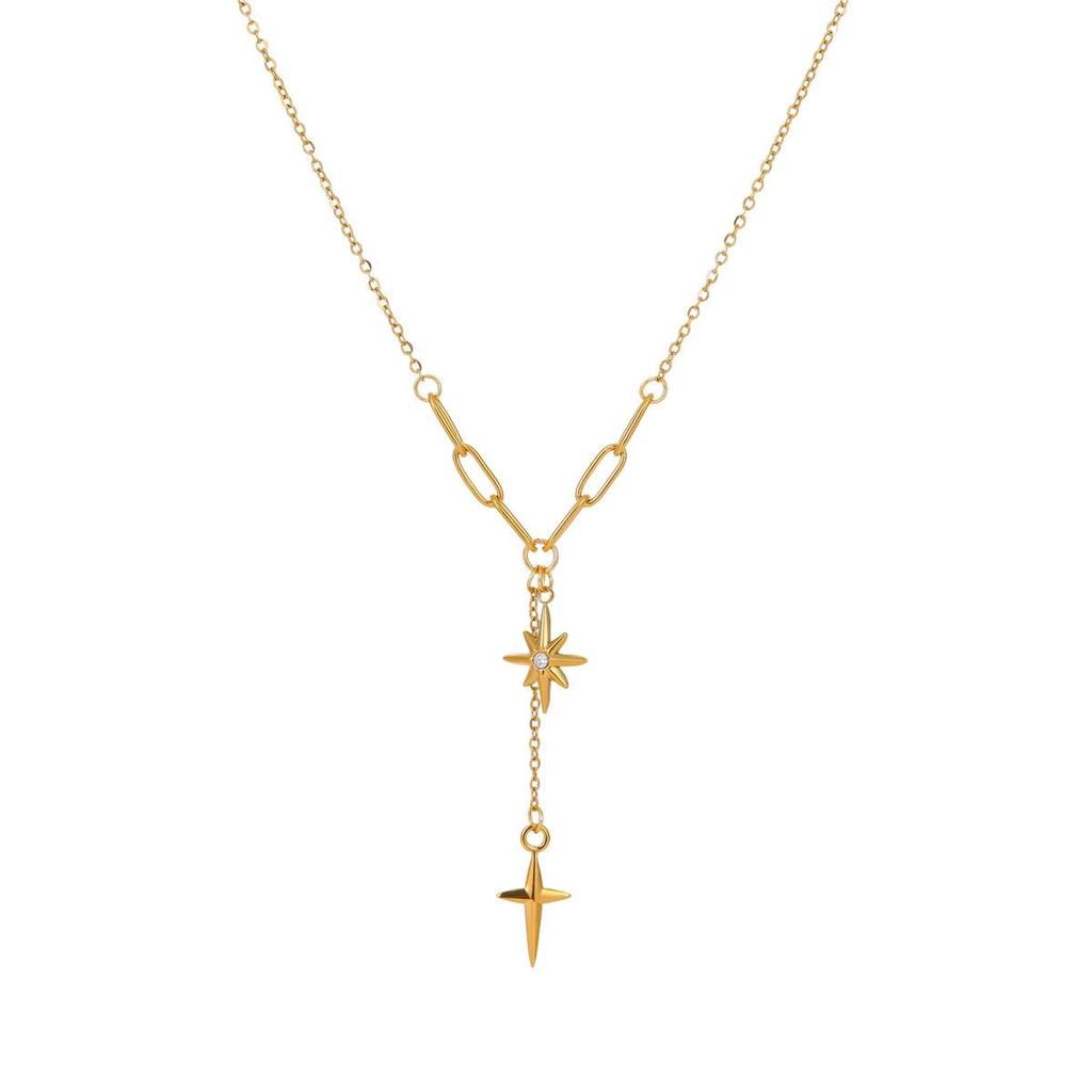 Hot-Selling Eight-Pointed Star Necklace: Gold-Plated Copper Tassel with Diamond-Studded Cross Pendant on Minimalist Clavicle Chain.