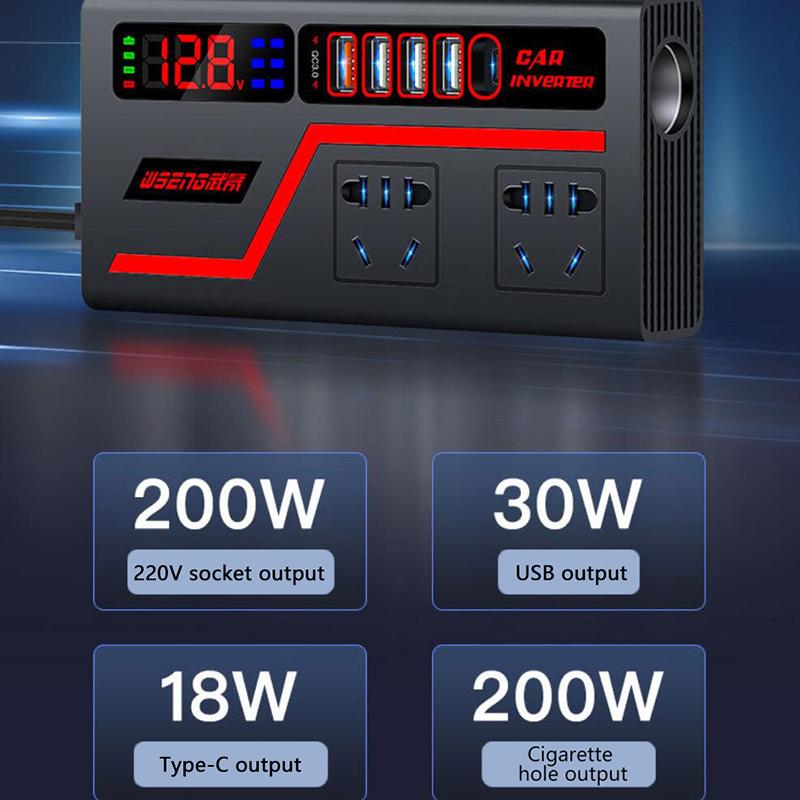 1 Piece Auto Accessories Usb Chargers Voltage Display Car Inverter Car Socket Usb Fast Charging 200W Qc 3.0 Power Adapter