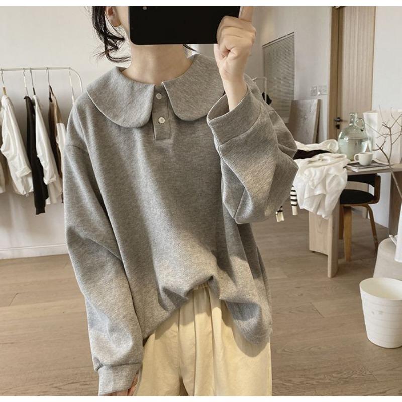 Baby Doll Collar Sweatshirt Jacket Women's New Autumn Loose French Solid Color Button Stitching Versatile Pullover Top