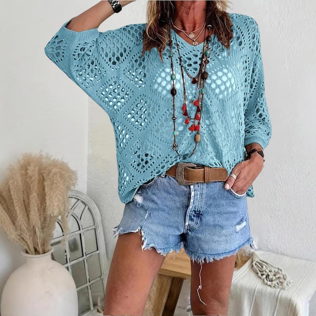 Women's V-neck Diamond-shaped Openwork Sleeve Sweater Cardigan Knitted Top