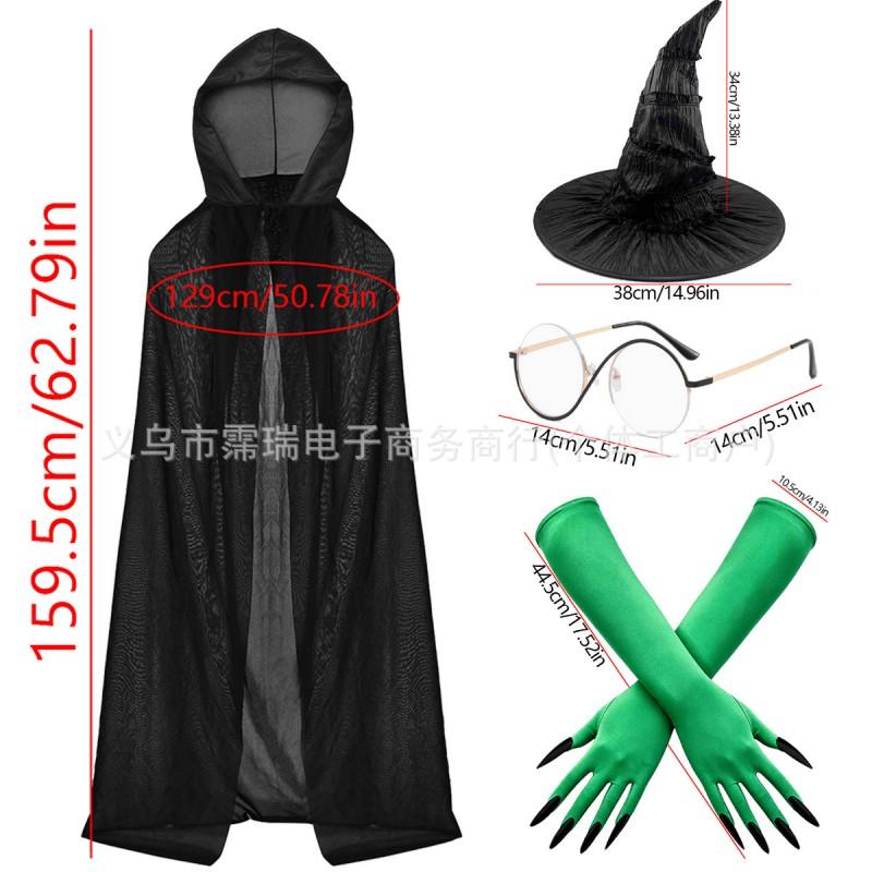 Halloween Witch Costume Set With Pointed Hat Cloak Glasses Gloves Adult Cosplay Party