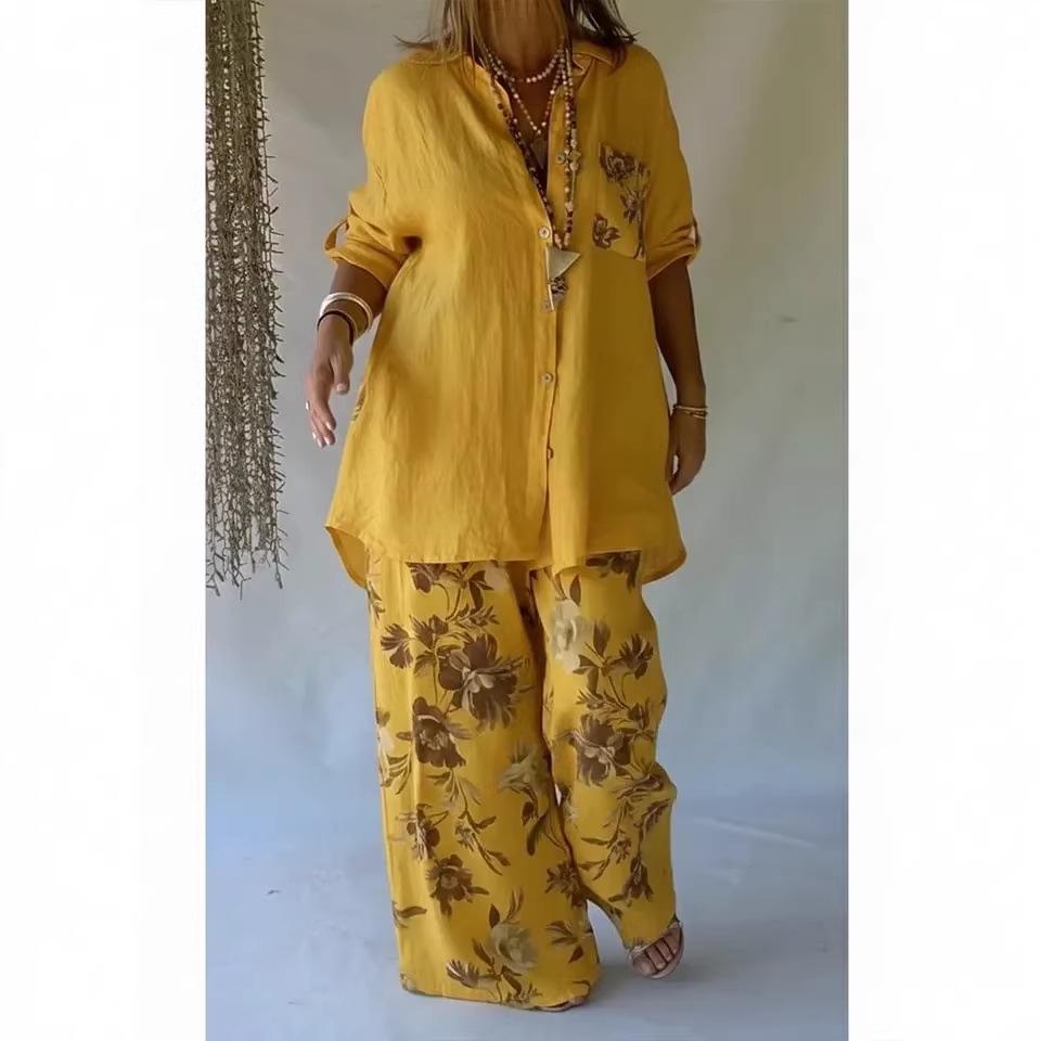 Spring Women's Floral Print Mid-Length Sleeve Top & Long Pants Set 2026
