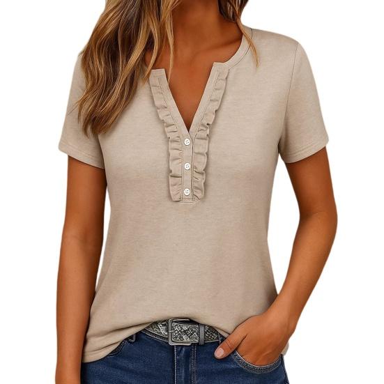 

Women Tops V Neck Ruffle Trim Buttons Half Placket Short Sleeve Regular Fit Casual T-shirt Pure Color Summer Tops S хаки