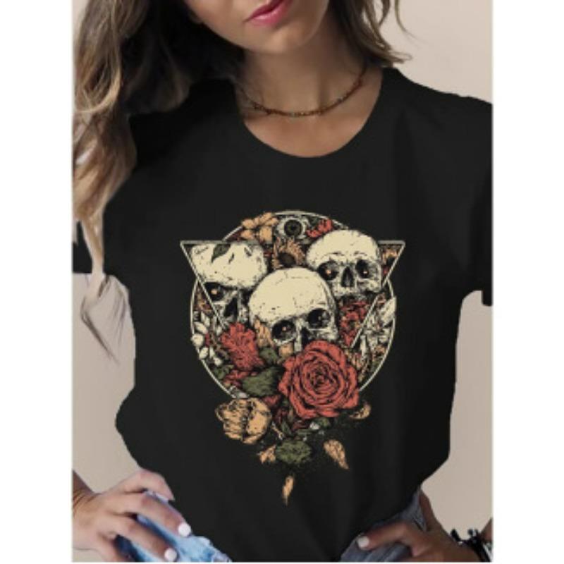 New Women's Casual Round Neck Short Sleeved 3D Printed Skull Flower Women's T-shirt