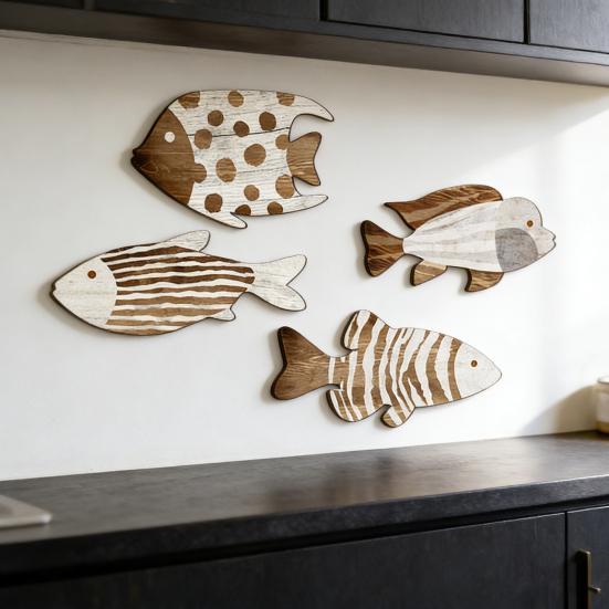 4Pcs Vintage Beach Wall Decor Nautical Coastal Wooden Fish Wall Art Ocean Style Fish Sculpture Lake House Hanging Decoration for Bathroom Bedroom