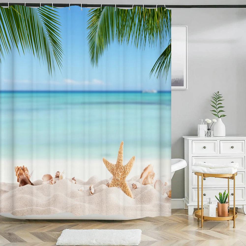 Seaside Scenic Beach Shells Shower Curtains Bathroom Curtain Frabic Waterproof Polyester Bath Curtains for Bathroom 180x180cm