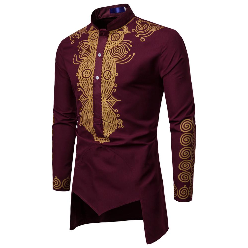 Camicia Dashiki a maniche lunghe con stampa africana di lusso IC, camicetta da uomo autunno inverno