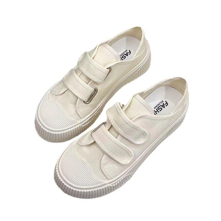 Cream Color Two-Way Canvas Shoes for Women  Summer New Round Toe Soft-Soled Velcro Casual Sports White Shoes Women