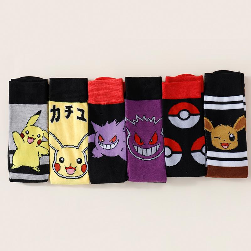 6 par tilfeldig kombinasjon nye moteriktige herresokker nyhet og morsom tegneserie Pok é mon-mønster par avslappet midtrørssokker