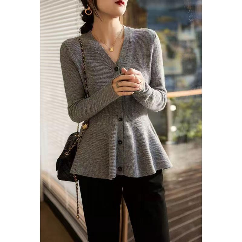 Designer Fishtail Hem Waist Slimming Knit Sweater Women Autumn Winter V Neck Versatile Cardigan Top