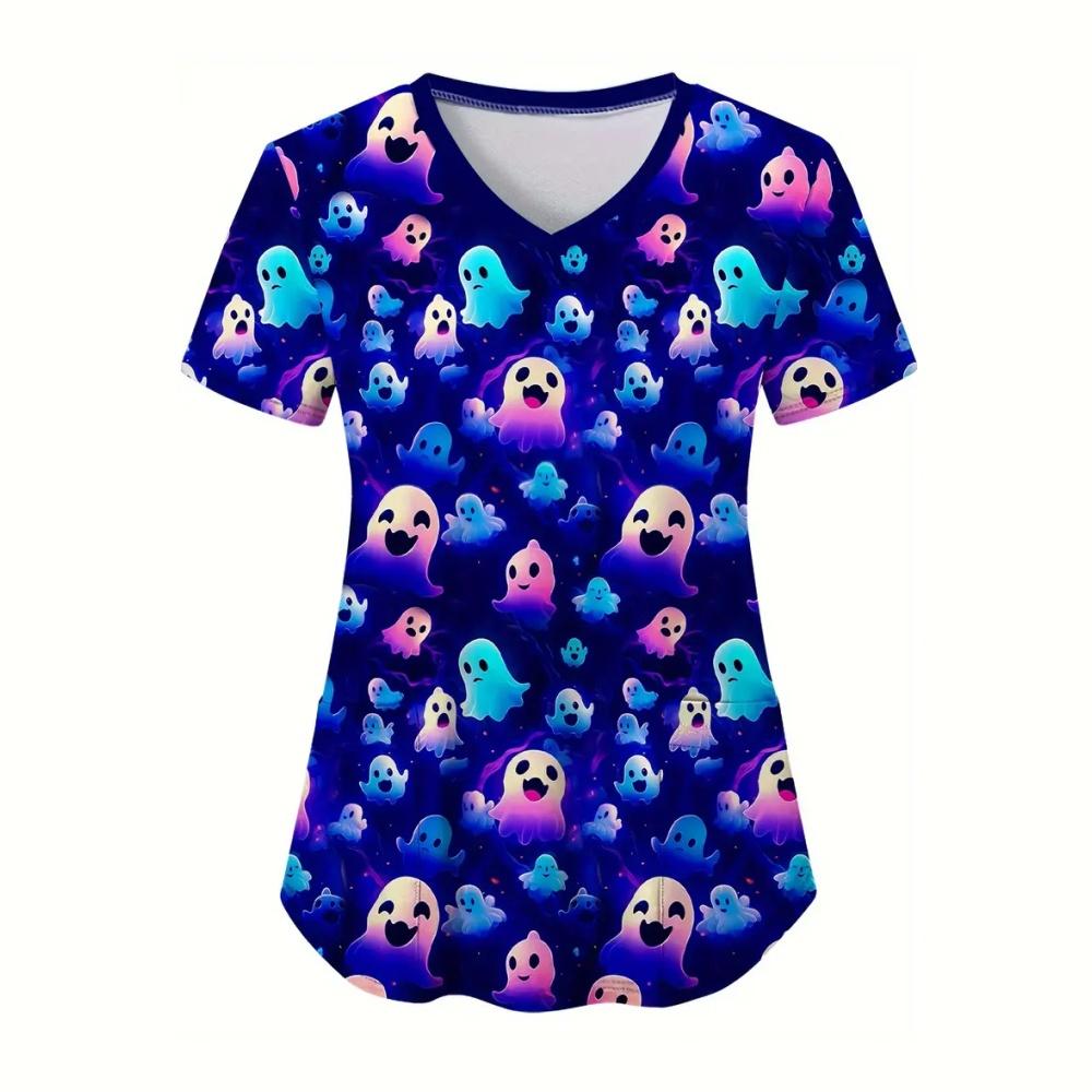 Halloween Clinical Uniform Woman Cute Little Ghost Print Healthcare Nursing Fashion V-Neck with Pockets Woman Medical Uniform