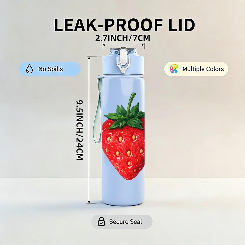1PC Juicy Red Strawberry Fruit Print 750ml Color Plastic Sports Water Bottle Leakproof Flip Straw Lid Suitable for Sports Office Home Use