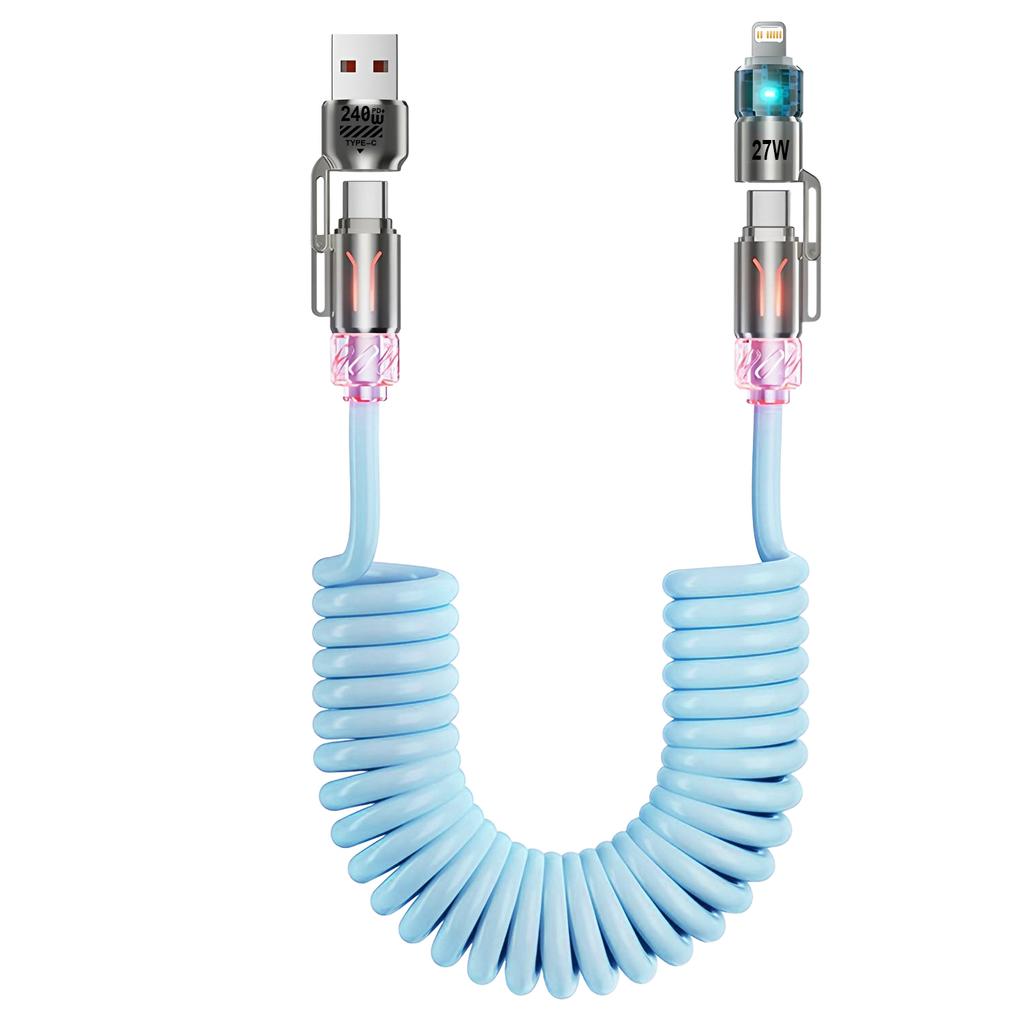 4 in 1 240W Spring Short Data Cable USB Type C Spring Telescopic Quick Charger Wire Spring USB Cable for iPhone 15 14 13 12