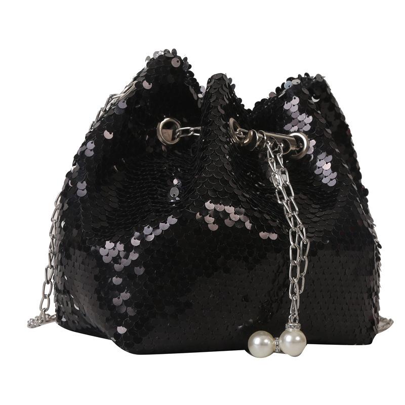 

Нишевый дизайн сумка с пайетками новая женская сумка летняя универсальная цепочка сумка-мессенджер сумка-ведро тип ведро чёрный