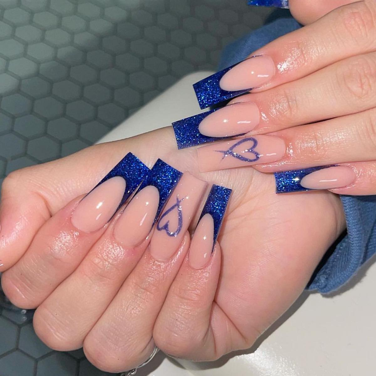 

Blue Tears French Extra Long Bling Heart Ombre Press-On Nail Tips
