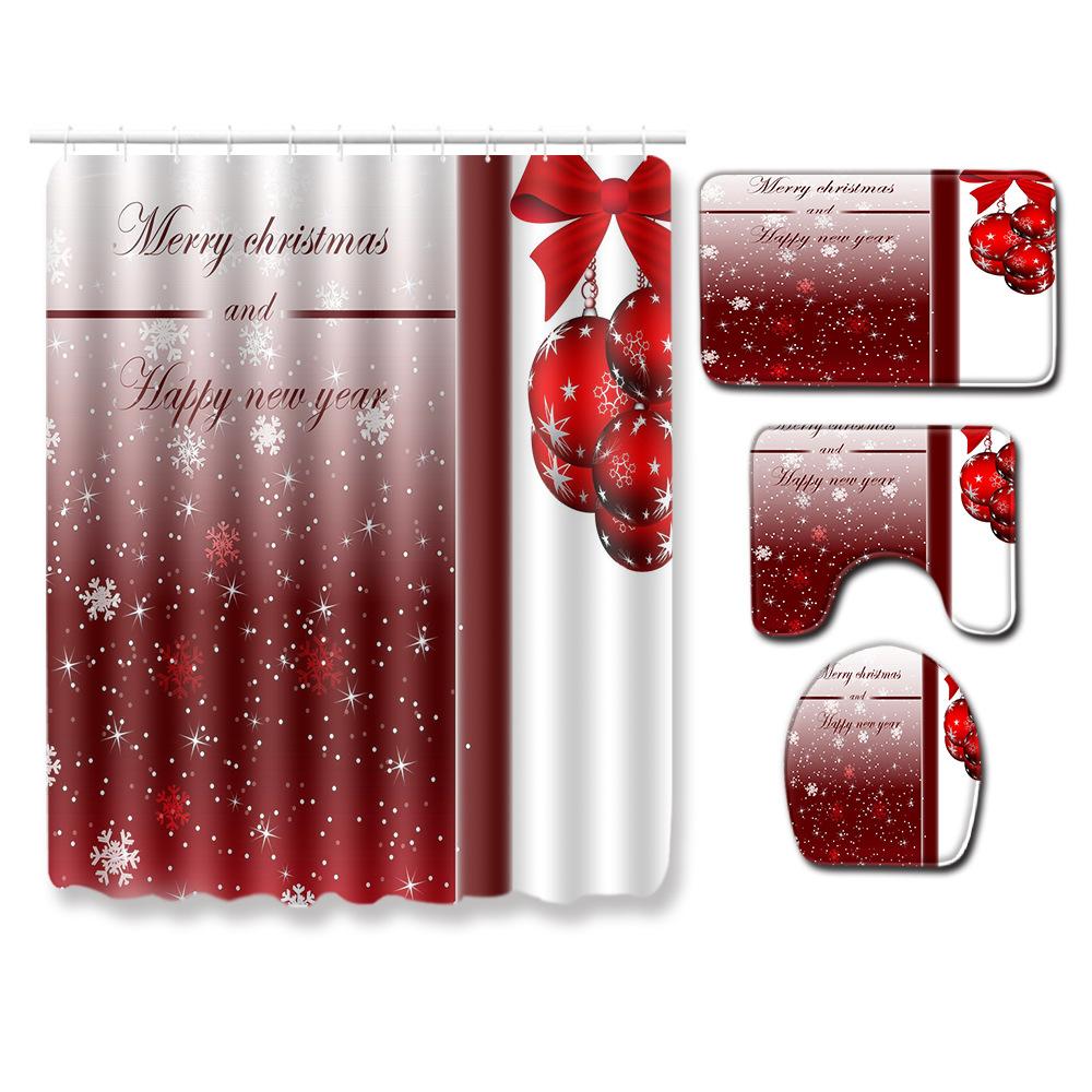 Christmas Shower Curtain Floor Mat Combination Four-Piece Set Bathroom Toilet Carpet Shower Room Mat Foot Mat