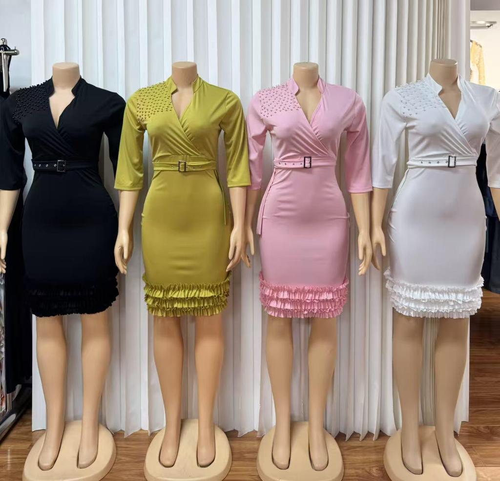 European & American Women's V-Neck Pleated Beaded Ruffle Bodycon Dress - Spring/Summer 2026 Collection