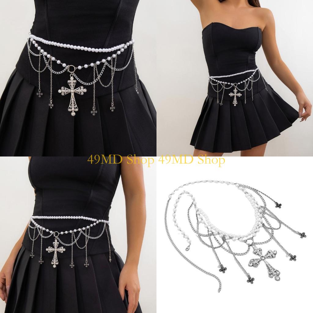 49MD Artificial Pearl Waist Chain with Fringed Female Waist Chain Belt Eye-Catching Body Chain Belt Fashion Accessories CN
