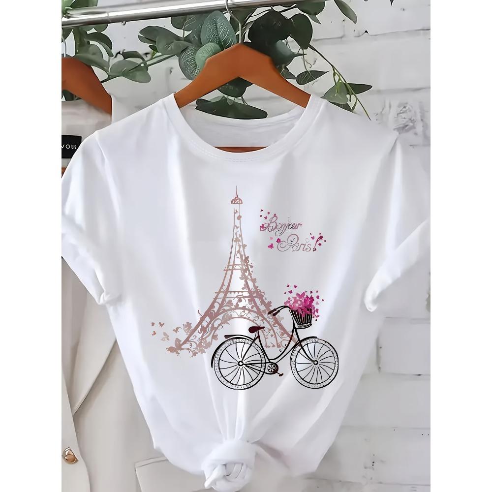

Women Cotton Short Sleeves T-shirts Bonjour Paris Eiffel Tower Bicycle Women s Tee Casual White Top S