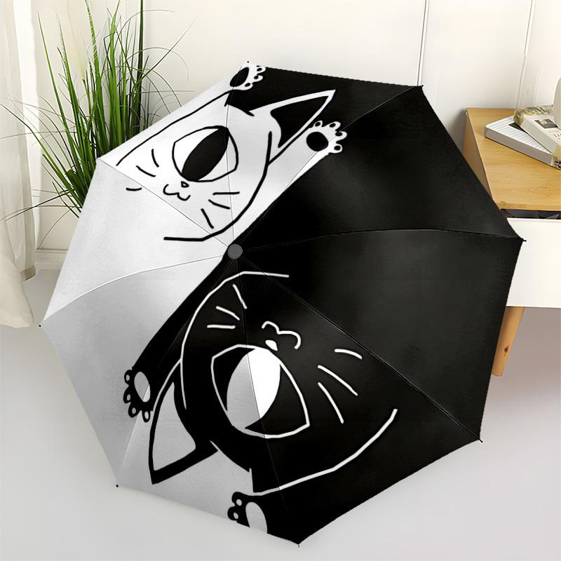 1pc Cat Yin Yang Folding Umbrella With Excellent UV Protection, 8 Ribs Casual Durable Lightweight Portable Travelling Umbrella For Men & Wom