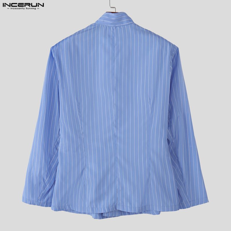 INCERUN Oversized Men High Neck Long Sleeve Twisted Striped Print Casual Loose Shirts