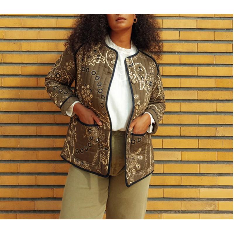 Damen Retro Bedruckte Patchwork Baumwolljacke Rundhals Lässige Bequeme Jacke