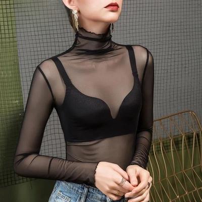 Sexy Women T Shirt See Through Transparent  Tops Long Sleeve Sheer Slim Ladies Turtleneck T-Shirt New Arrival Women Pullover