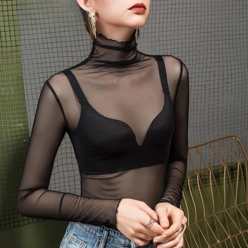 Sexy T-skjorte for kvinner, gjennomsiktig gjennomsiktig topper Langermet, gjennomsiktig, slank dame-t-skjorte med rullekrave. Nyankomst Genser for kvinner