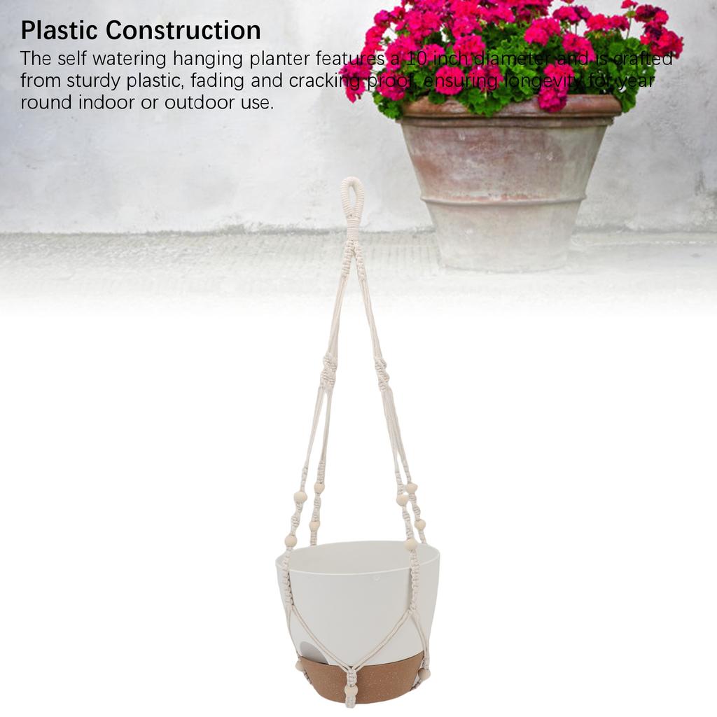 2 Pack 10 Inch Self Watering Hanging Planter Plastic Wood Hanging Flower Pot Basket with Drainage Holes for Indoor Outdoor Garden Home