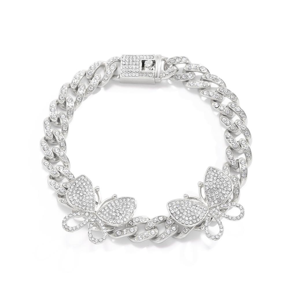 Hip-Hop Punk Full Diamond Cuban Chain With Diamond-Encrusted Big Butterfly Anklet, Simple Trend Exaggerated Chain Anklet For Women