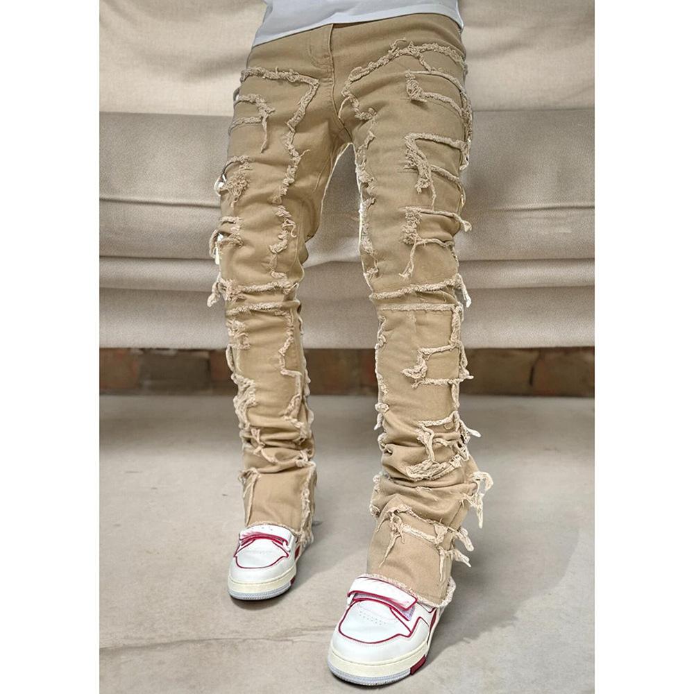Men's Regular Fit Stacked Jeans Ripped Slim Fit Patch Distressed Destroyed Straight Denim Pants Hip Hop Streetwear Trouser