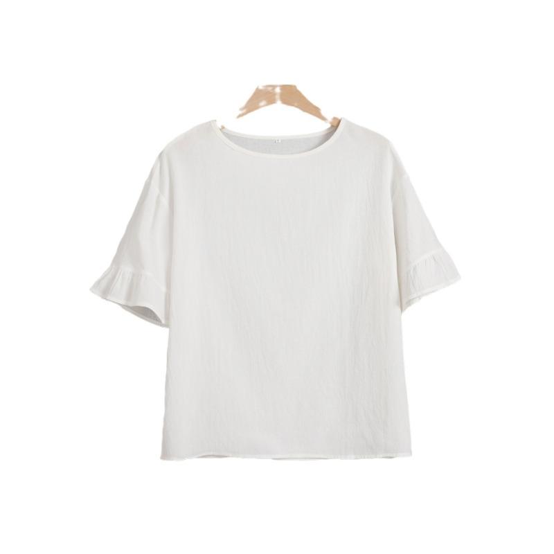 Summer Solid Color Comfortable Casual Round Neck Cotton Linen Off Shoulder Loose Slimming Women's Plus Size Shirt