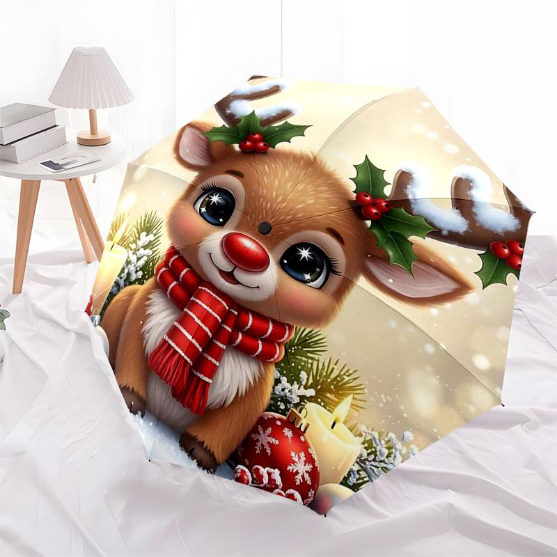 1pc Christmas Reindeer with Holly Berries, Automatic Opening Umbrella, Portable 3-Fold Design, 8-Bone Iron Frame, Outdoor Umbrella, Festive Gift for F