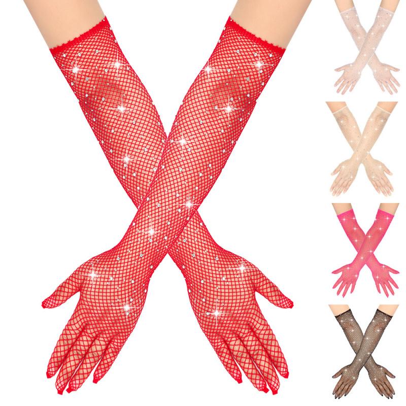 European and American Style Rhinestone Vintage Mesh Gloves Clothing Accessories Sexy Nightclub Fishnet Elastic Long Gloves
